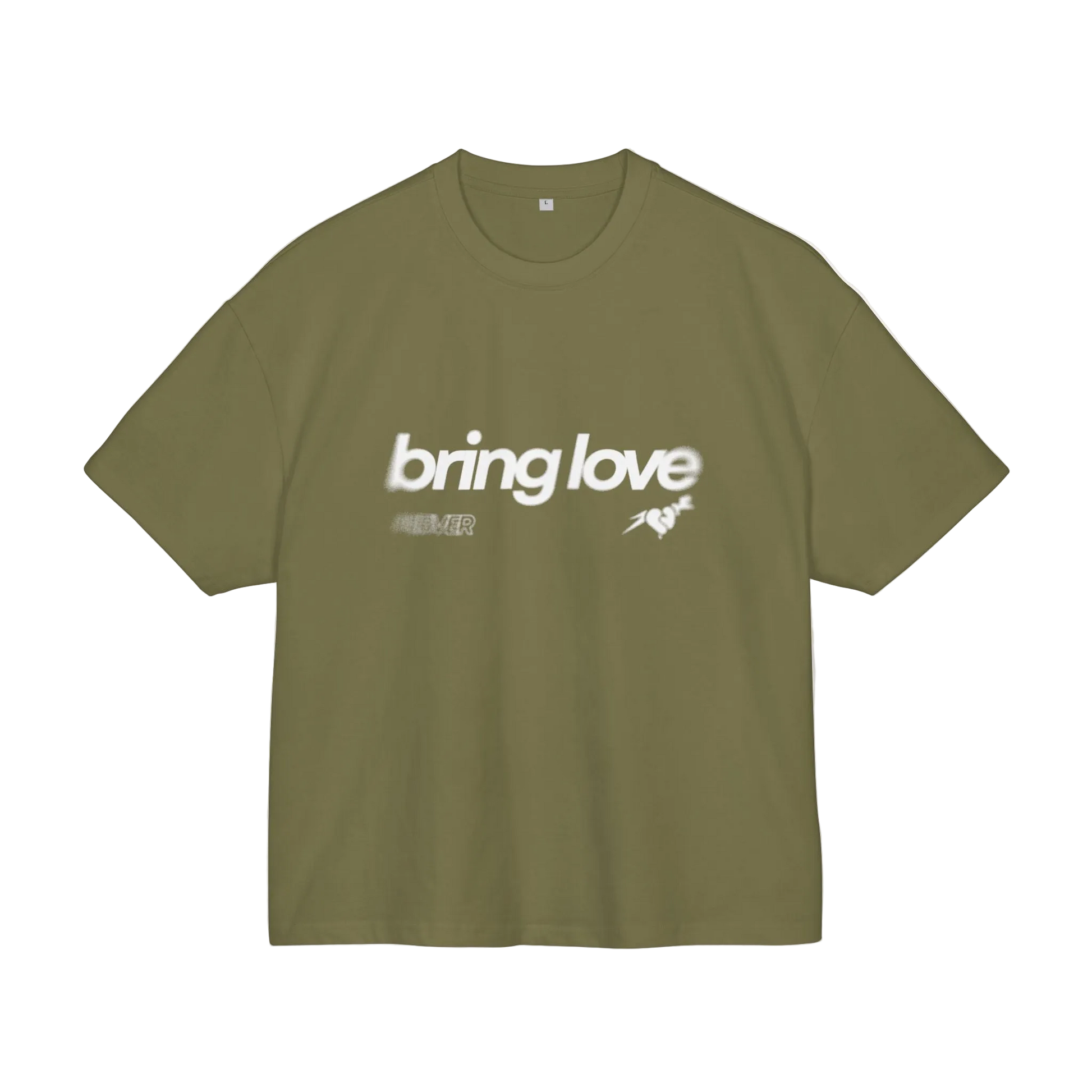 Green t-shirt with 'bring love' text on a white background