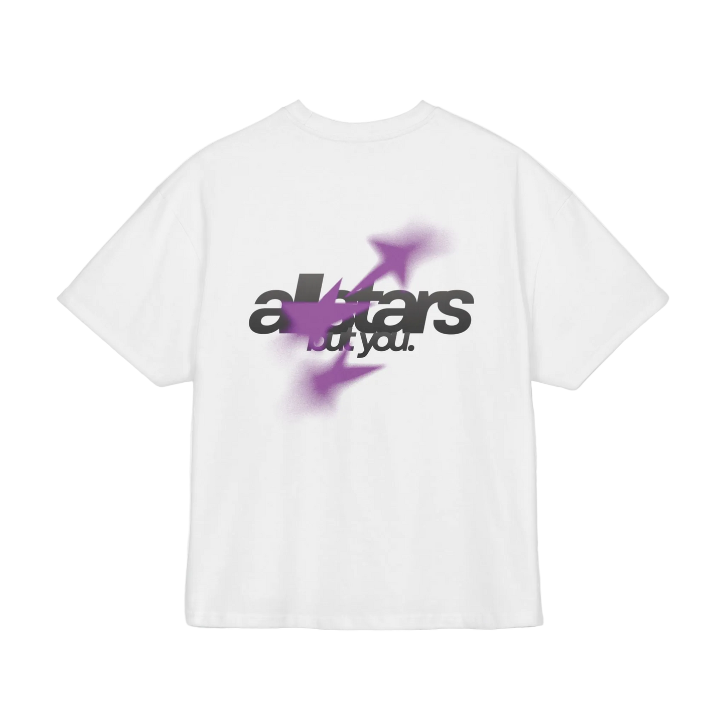 White t-shirt with black and purple graphic design on a white background