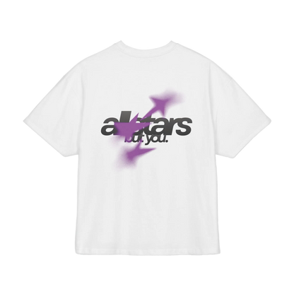 White t-shirt with black and purple graphic design on a white background