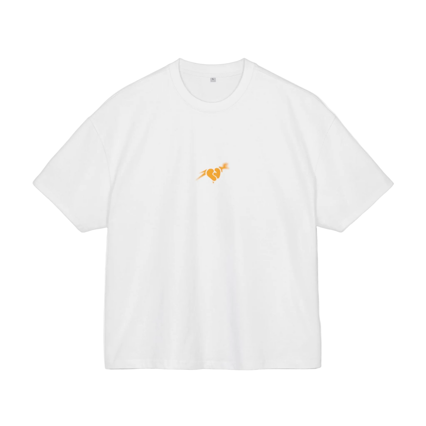 White t-shirt with a small orange logo on a white background