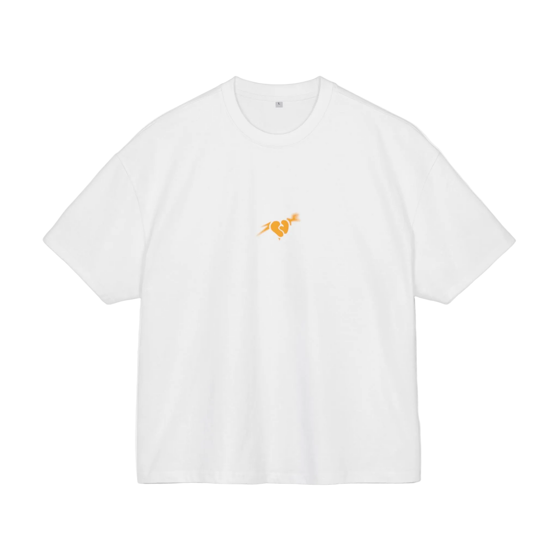 White t-shirt with a small orange logo on a white background