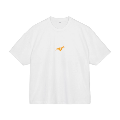 White t-shirt with a small orange logo on a white background