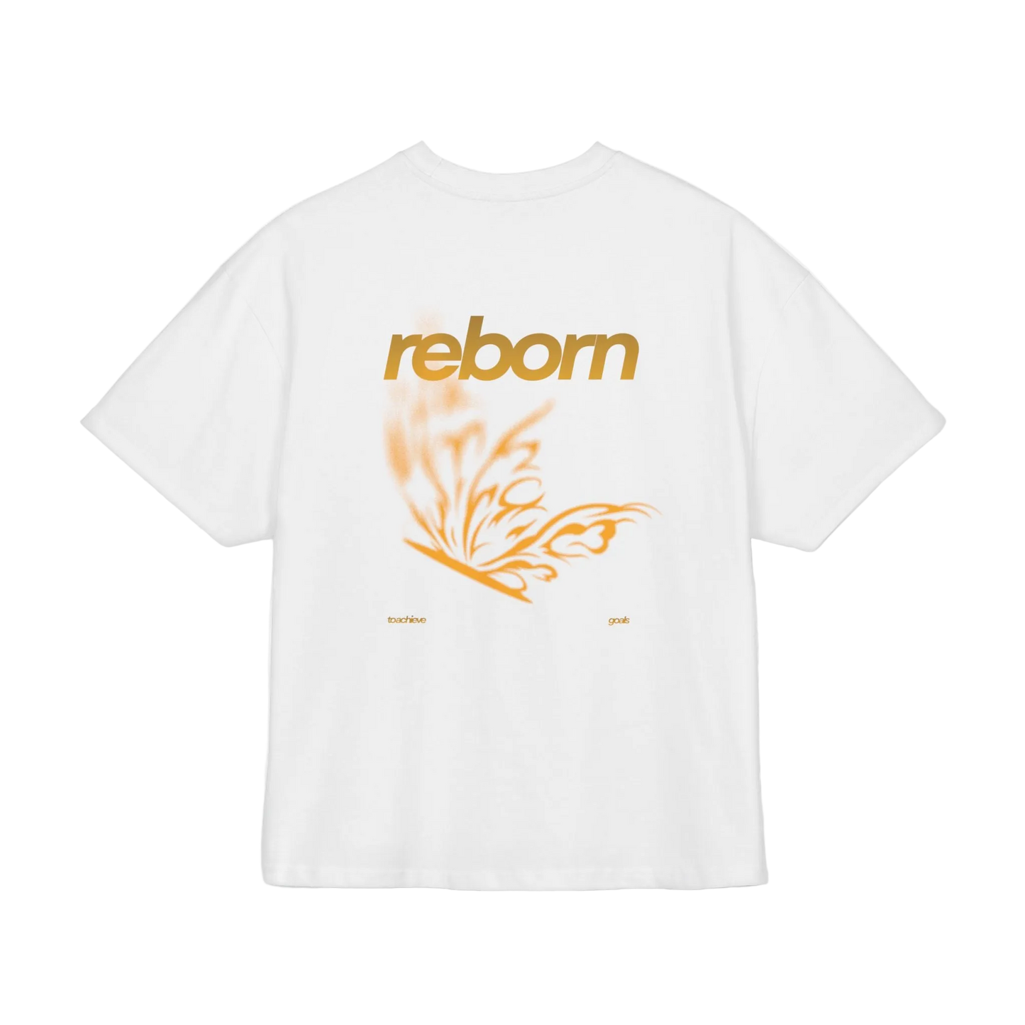 White t-shirt with 'reborn' text and orange butterfly graphic on a white background