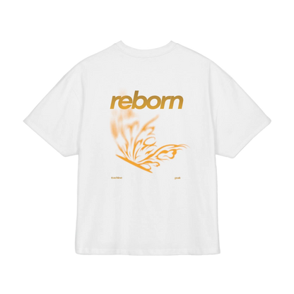White t-shirt with 'reborn' text and orange butterfly graphic on a white background